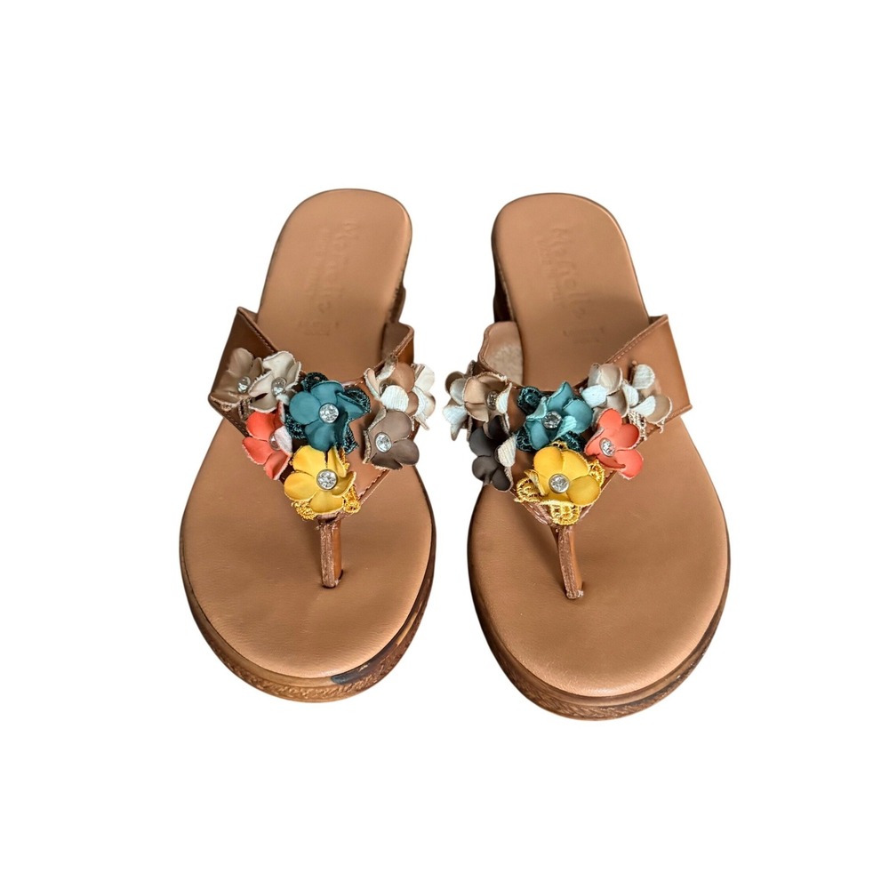 Mariella Tan Leather Floral Wedge Thong Sandals Made in Italy Size 8